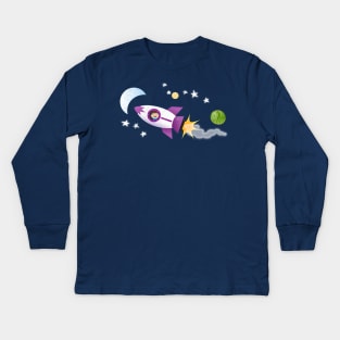 Cute rocket ship in space cartoon illustration Kids Long Sleeve T-Shirt